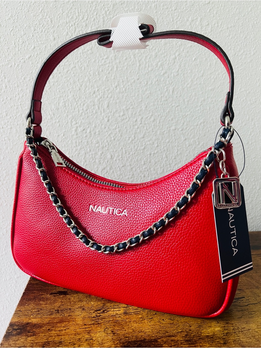 NWT Nautica Red Pebble Leather Chain-Trim Shoulder Bag